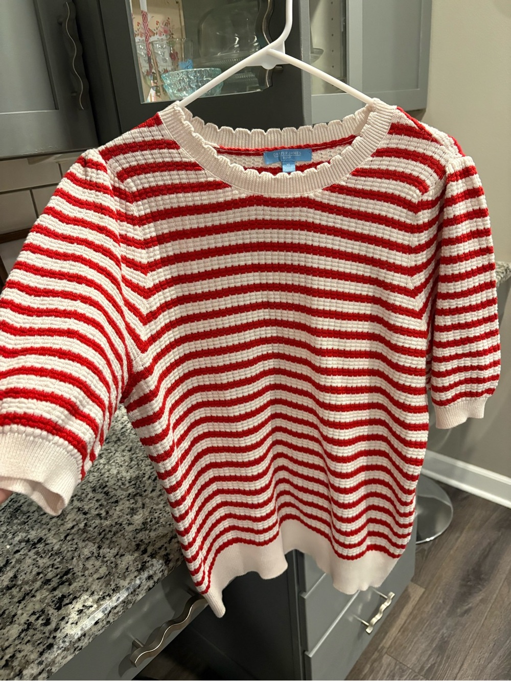 Draper James Striped Red and White Short-Sleeve Knit Sweater